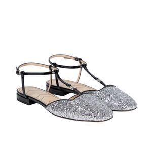 NIB Gucci Ballet Flat EU 38 US 8 Double G T-Strap Silver Glitter Shoes $920